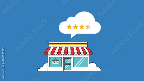 Retail shop building with four stars in a white cloud bubble showing customer ratings and business feedback reputation.