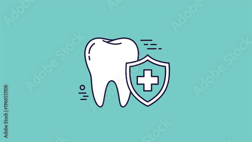 Dental health protection icon featuring a white tooth next to a security shield with a medical cross on a green background.