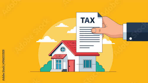 Businessman holding a property tax document above a residential house depicting real estate assessment and fiscal duty.