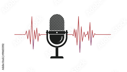 Black studio microphone with a red heart rate frequency line representing live audio recording and emotional podcasting.