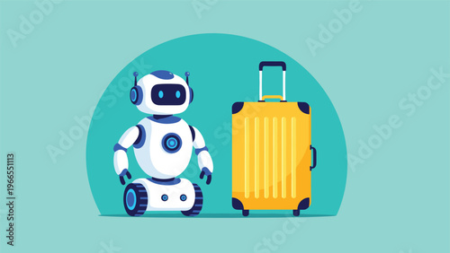 Travel automation and smart technology robot assistant standing next to a large yellow suitcase for modern tourism.