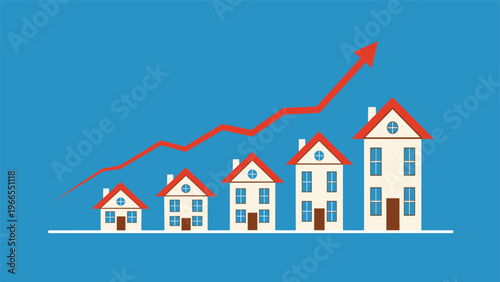 Real estate market growth illustrated by a row of houses increasing in size under a rising red arrow on a blue background.