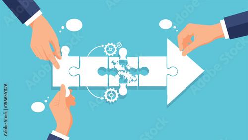 Team collaboration concept with hands putting together white puzzle pieces to form a large arrow for business success.