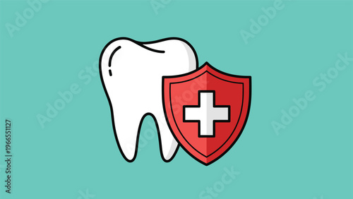 Dental protection icon featuring a white tooth next to a red security shield with a white medical cross for oral care.