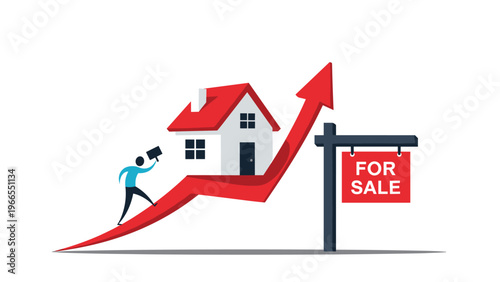 Real estate investor climbs a rising market arrow next to a modern home and a for sale sign to represent economic growth.