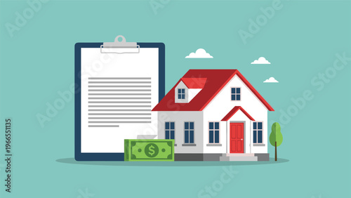 Real estate financing concept with a residential house, stack of dollar bills, and a legal clipboard for home purchase.