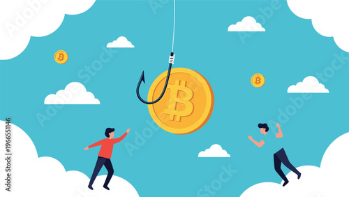 Phishing scam metaphor featuring a golden bitcoin coin attached to a sharp fishing hook to lure unsuspecting internet users.