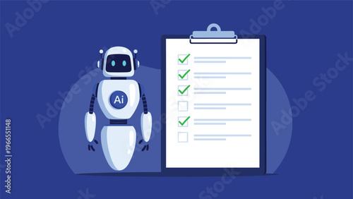 Artificial intelligence task management concept with a robot standing next to a completed checklist on a blue background.