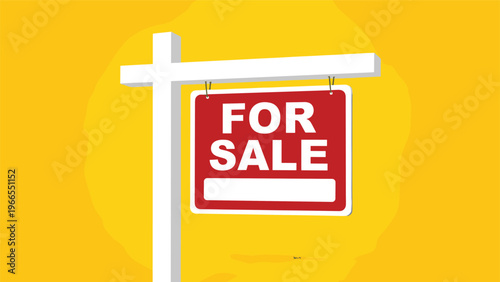 Bright red for sale real estate sign displayed on a white post over a vibrant yellow background for property advertisements.