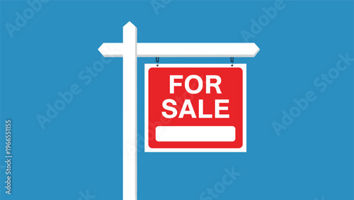 Classic red for sale sign hanging from a white wooden post against a clear blue background for property listing concepts.
