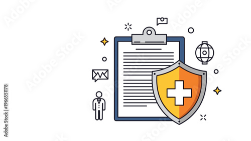 Health insurance policy protection illustrated with a medical cross shield and a document clipboard for healthcare services.
