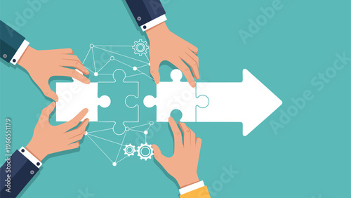 Collaborative business strategy shown by diverse hands fitting puzzle pieces together to form a large directional arrow.