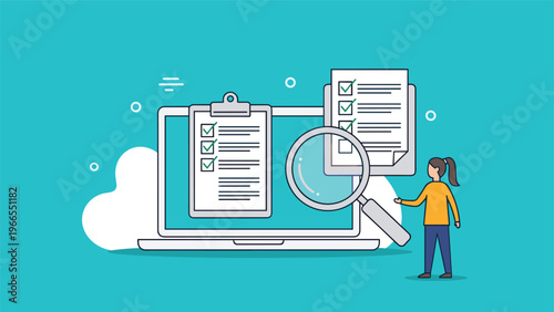 Quality assurance and document audit concept with a woman using a magnifying glass to inspect digital clipboards on a laptop.