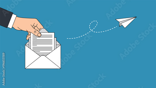 Digital communication and email marketing represented by a hand placing a letter in an envelope with a paper plane flying.