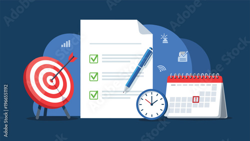 Business planning document with a target, clock, calendar, and gear to showcase strategic productivity and effective time management.