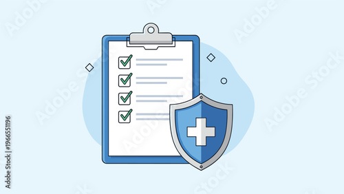 Medical clipboard with a checklist and a blue health shield to represent health insurance compliance, wellness, and medical coverage.