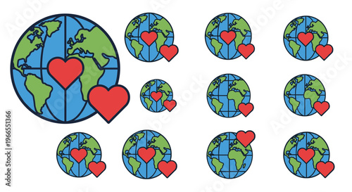 Earth with hearts on white background.