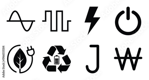 Energy and power symbols including electricity wave recycle battery and power button interface icons