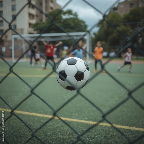 A black and white soccer ball caught in the chain-link or net of a fence on a sports court.