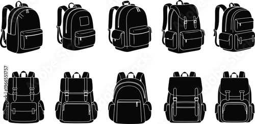 Backpack collection set, school and travel bags silhouettes, modern rucksack designs, student accessories icons, cad drawing flat vector illustration