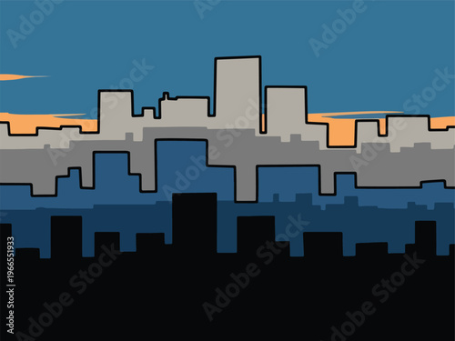 Stylized layered city skyline silhouette against a dusk blue and orange sky