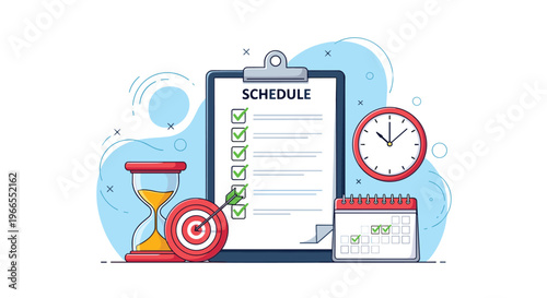 Time management and scheduling concept with a checklist on a clipboard accompanied by a clock, hourglass, and calendar.