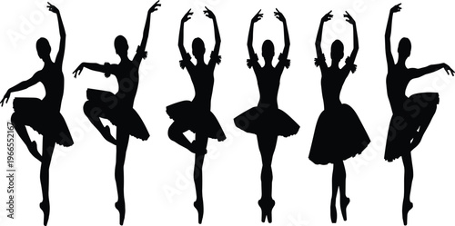 Ballet dancer silhouettes set, graceful ballerina poses collection, classical dance performance figures, elegant movement art, cad drawing flat vector illustration