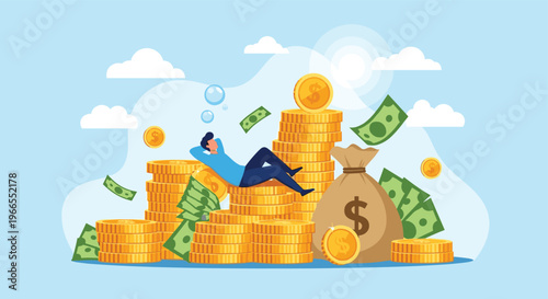 Successful investor resting comfortably on top of huge stacks of gold coins and cash bags symbolizing financial freedom.