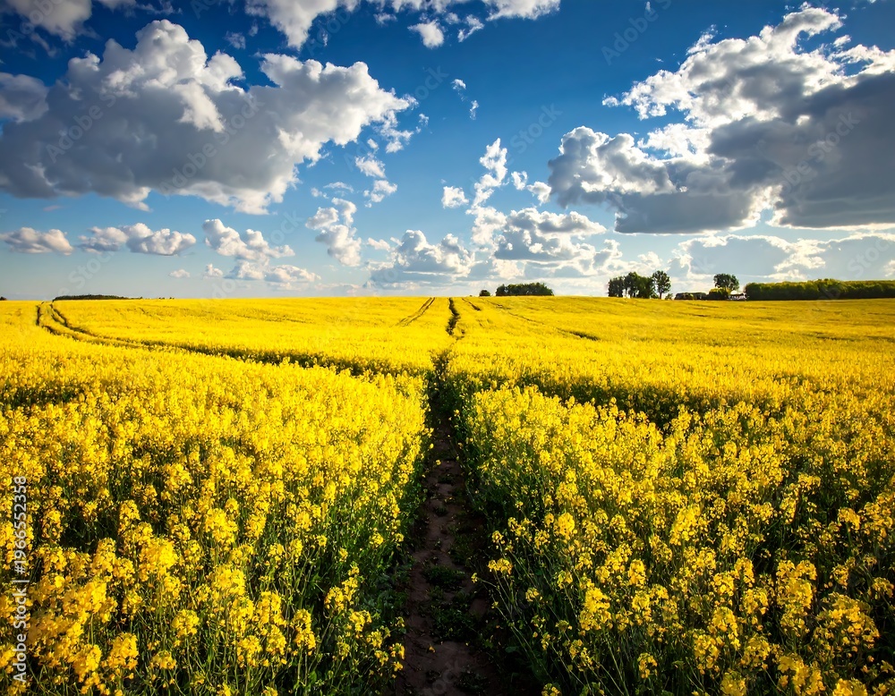 Obraz premium A vast yellow flower field under a blue sky with white clouds
