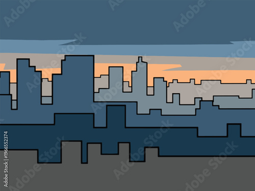Stylized layered cityscape silhouette against an orange and gray twilight sky