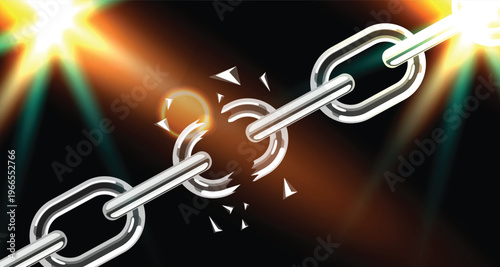 Broken Chain Vector Background with Light Burst Effect, Metal Link Explosion Symbol of Freedom Strength and Power, Abstract Business Breakthrough Concept Illustration