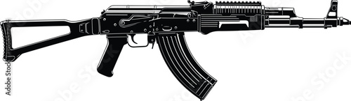 Black and white vector illustration of a modern assault rifle with folding stock, tactical handguard, curved magazine, and realistic details – cad drawing flat vector illustration