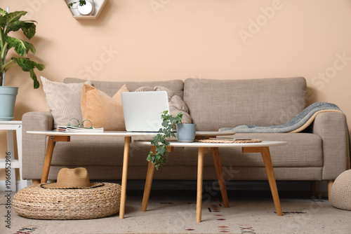 Comfortable sofa, pouf and ...