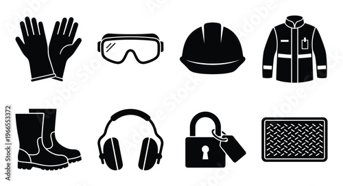 Safety equipment black silhouette icons set vector illustration protective wear workwear kit
