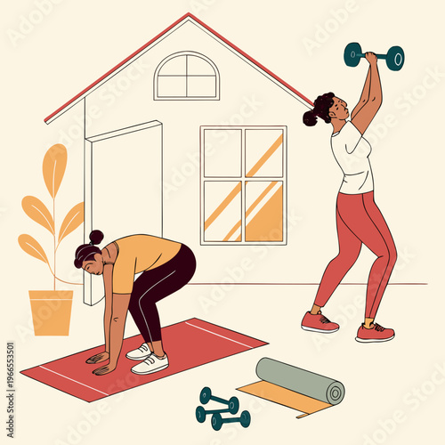 Woman exercising at home with dumbbells and yoga mat