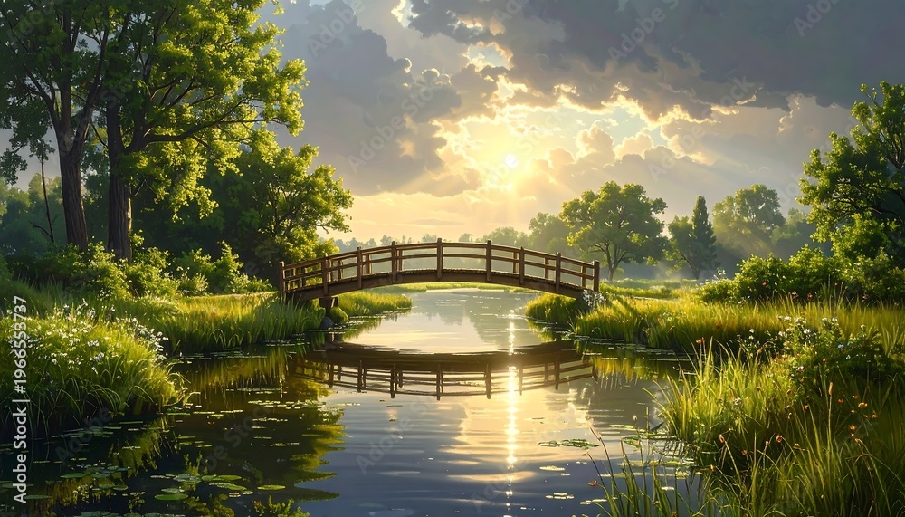 Fototapeta premium A serene landscape with a bridge over a pond