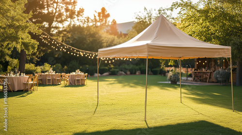White event tent on green lawn in sunny outdoor setting