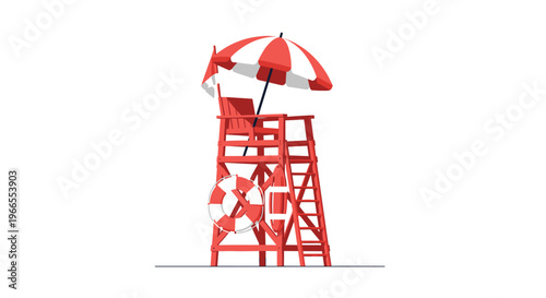Red and white wooden lifeguard tower on a sandy beach with a matching umbrella and lifebuoy for coastal safety and security during summer.