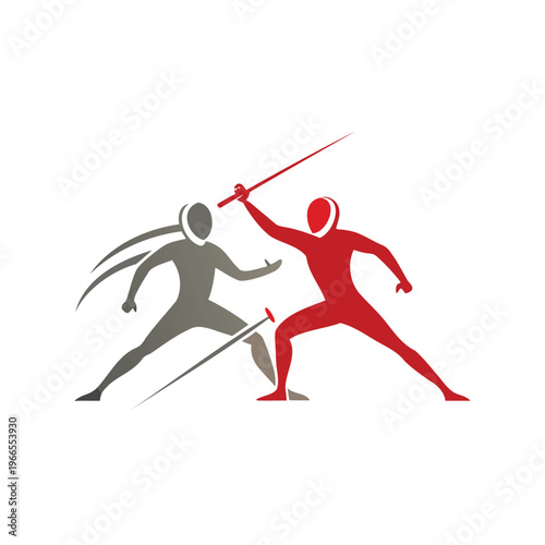 Two fencers engaged in a duel with swords and protective gear