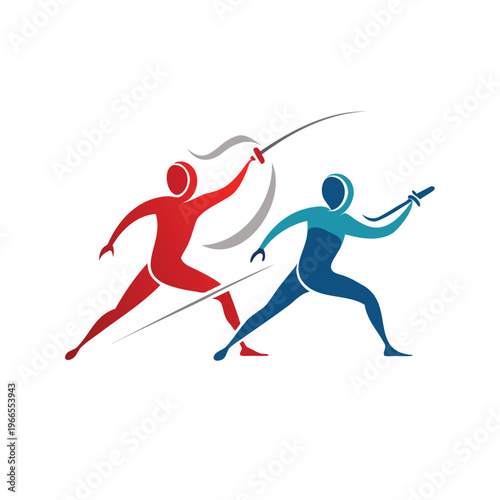 Two fencers engaged in a dynamic duel with swords and protective gear