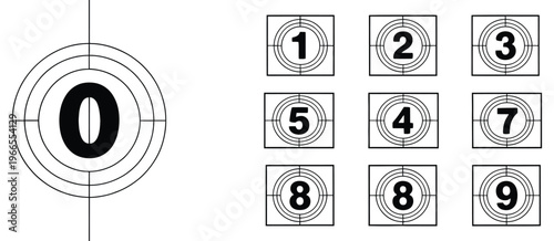 Retro cinema screen countdown sequence, showcasing authentic film reel aesthetics, aged rewind timer graphics, and vintage movie projector styles perfect for classic media