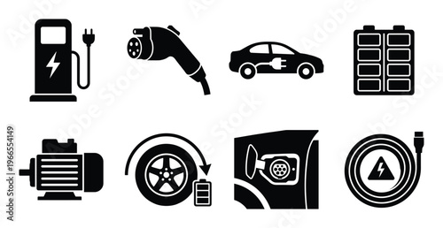 Set of electric vehicle charging station and ev battery black glyph icons