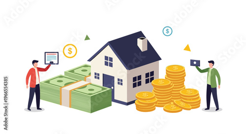Real estate investment and mortgage finance concept showing a modern house surrounded by stacks of dollar bills and golden coins.