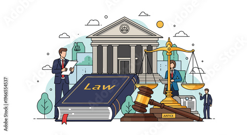 Legal system and justice concept featuring a classic courthouse building, judge gavel, scale of balance, and a thick blue book labeled law.