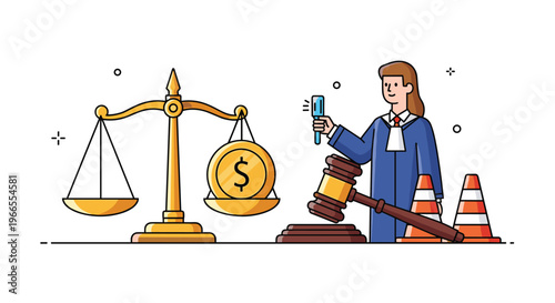 Justice and financial law illustration showing a professional judge with a gavel next to a gold scale balancing a large dollar coin.