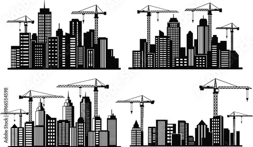City skyline construction silhouettes set, urban buildings with cranes collection, modern architecture development illustration, black cityscape icons, cad drawing flat vector illustration