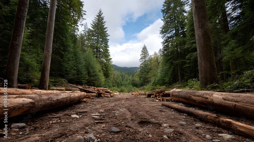 Fototapeta premium A dynamic perspective of a forest clearing showcasing numerous stacked timber logs from felled evergreen trees under a vast cloudy sky