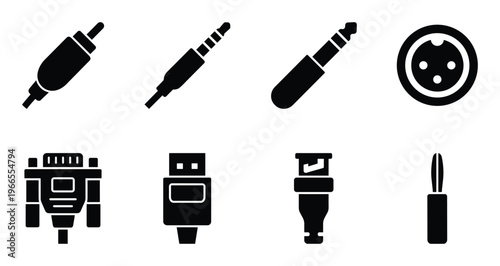 Set of various audio and video connectors plugs and cables black glyph icons