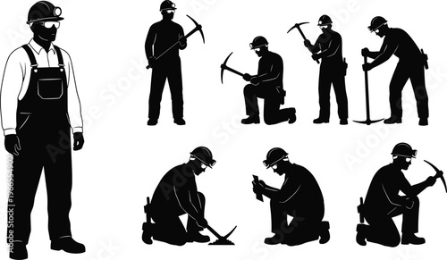 Coal miner worker silhouettes cad drawing flat vector illustration mining industry labor equipment industrial people characters safety helmet line art