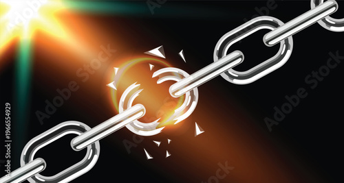 Broken Chain Vector Background with Light Burst Effect, Metal Link Explosion Symbol of Freedom Strength and Power, Abstract Business Breakthrough Concept Illustration